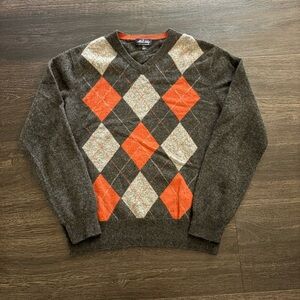 Allen Solly Sweater Mens M Grey Argyle Pullover 100% Cashmere 2 Ply V Neck
